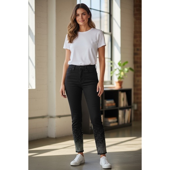 Jen7‎ High Waist Skinny Jeans Black Rhinestone Embellished Size 0 NWT